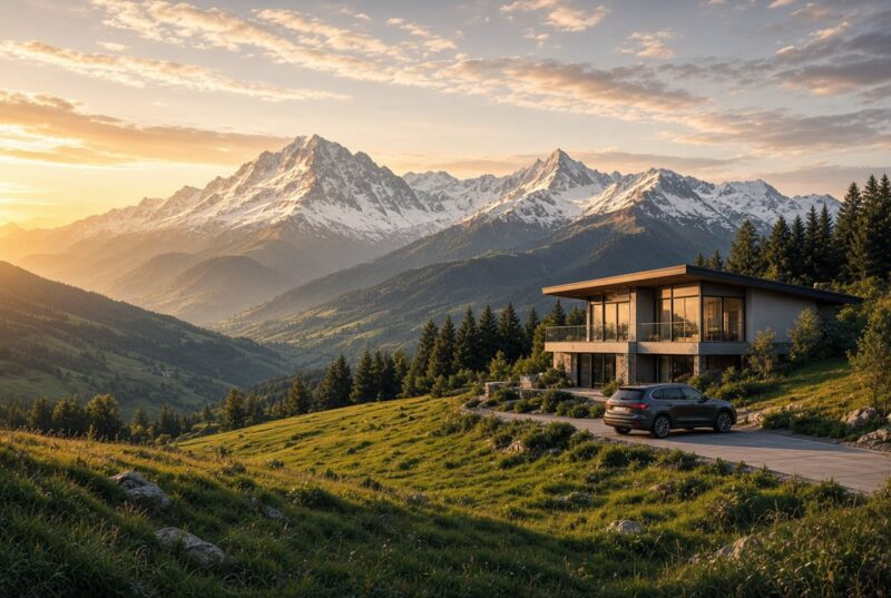 Villa contemporaine face aux Alpes suisses — assurances privées RC, ménage et bâtiment