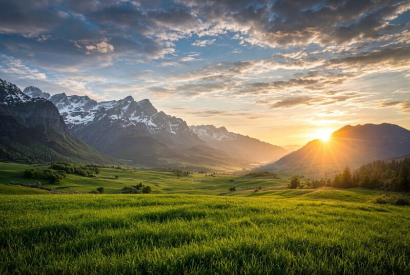 Prairie alpine suisse au lever du soleil — comparatif caisse maladie LAMal par JLDA SA