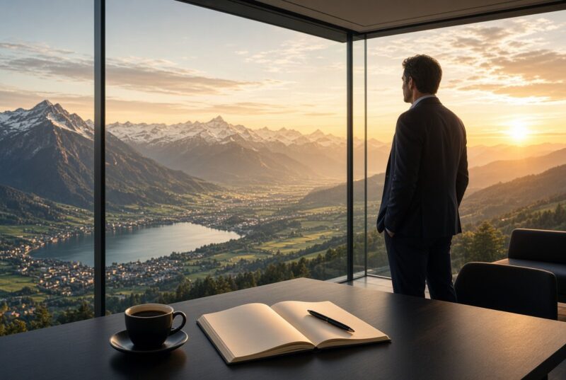 Dirigeant face aux Alpes suisses depuis son bureau au lever du soleil — création d’entreprise et assurances JLDA SA